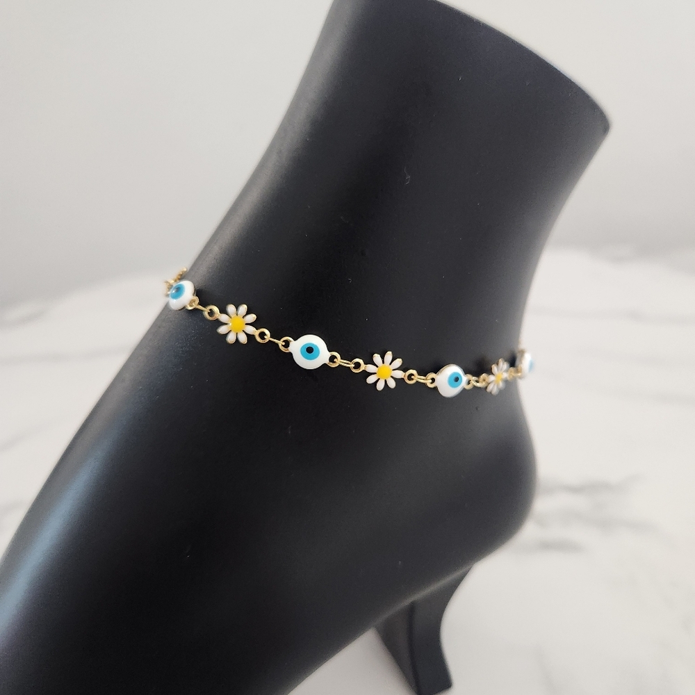 Stainless Steel White Blossom Evil Eye Gold Plated Floral Charm Anklet Bracelet